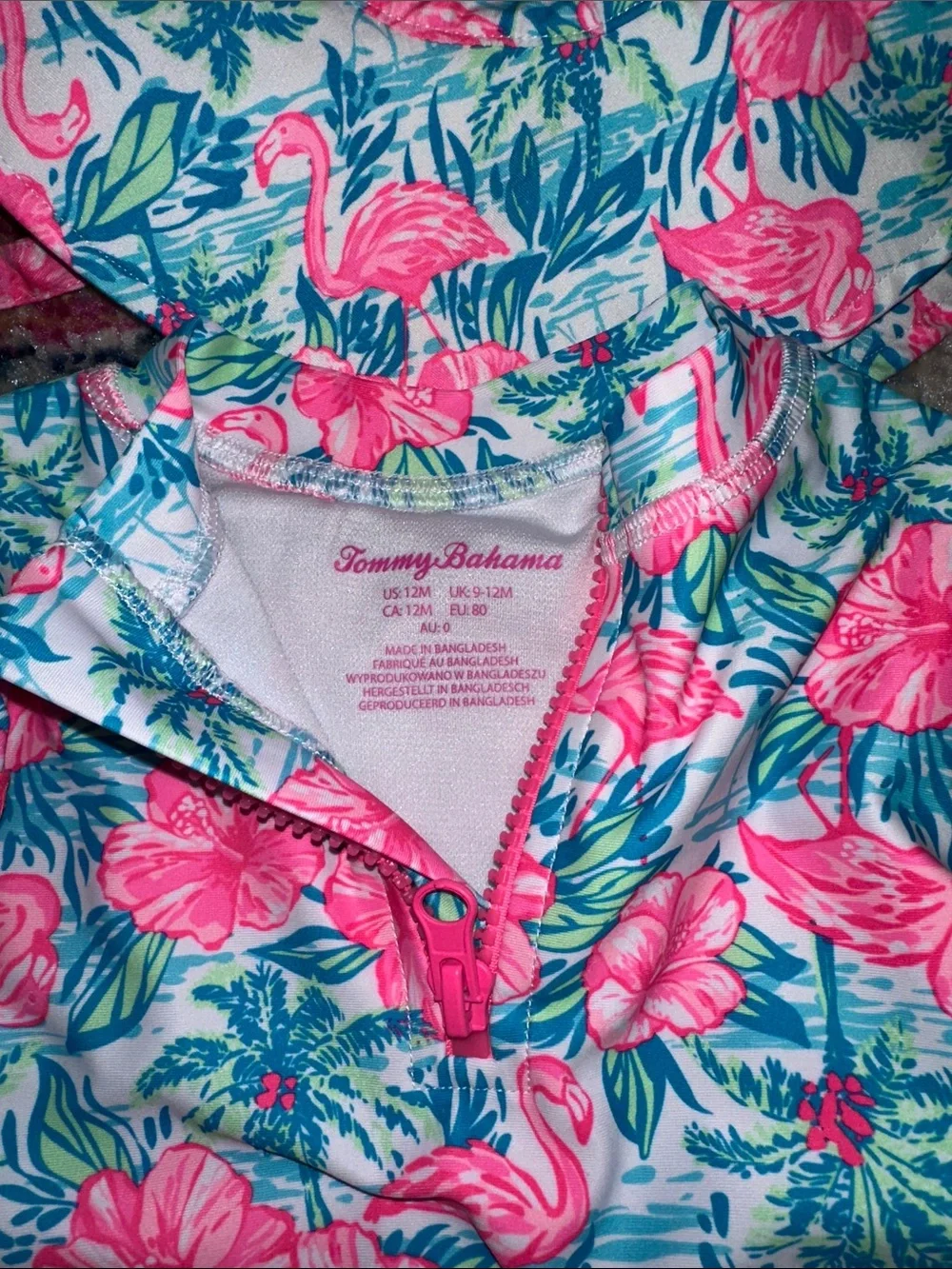 12 month Tommy Bahama Pink & Blue Flamingo Ruffle Rashguard 2 piece + hat